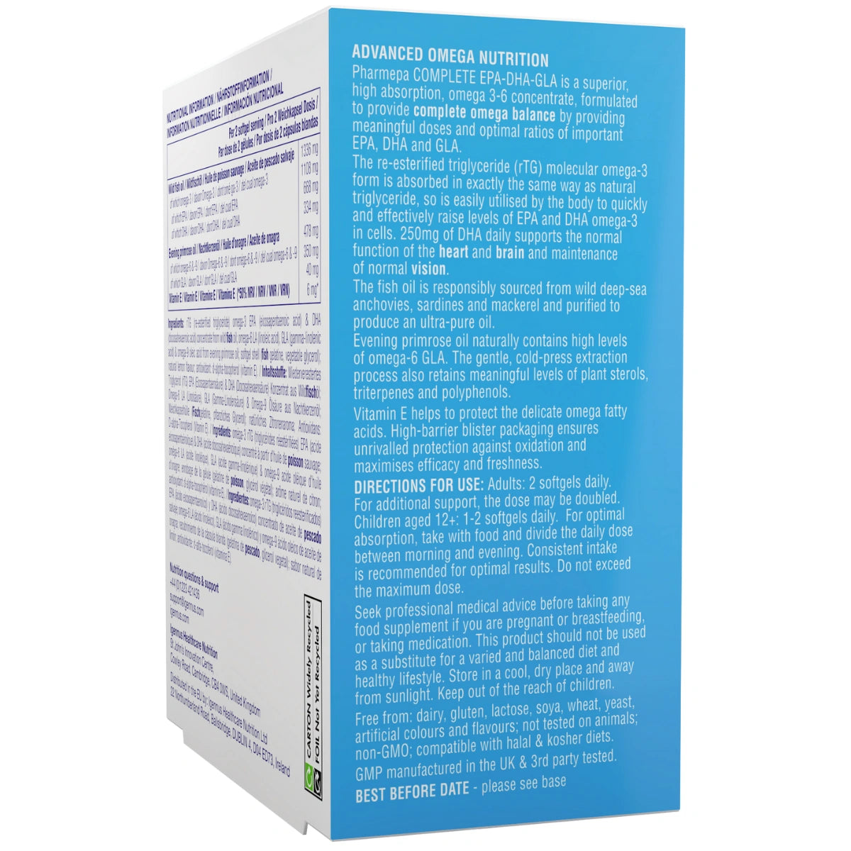 Nutritional supplement package with detailed text on a white background