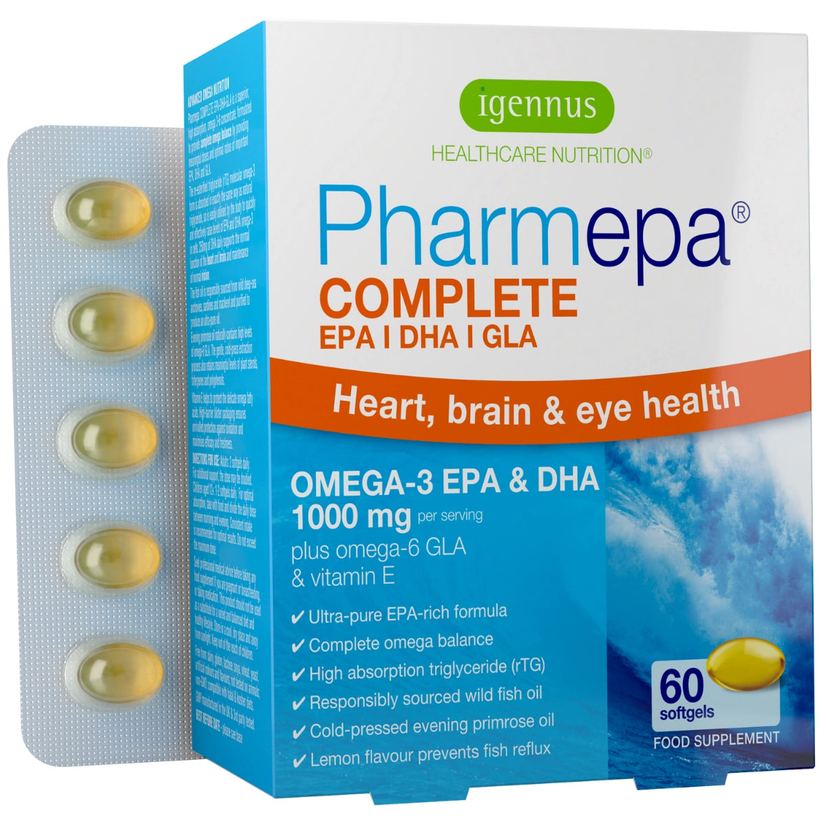 Pharmepa Complete Omega-3 supplement packaging with capsules on a white background