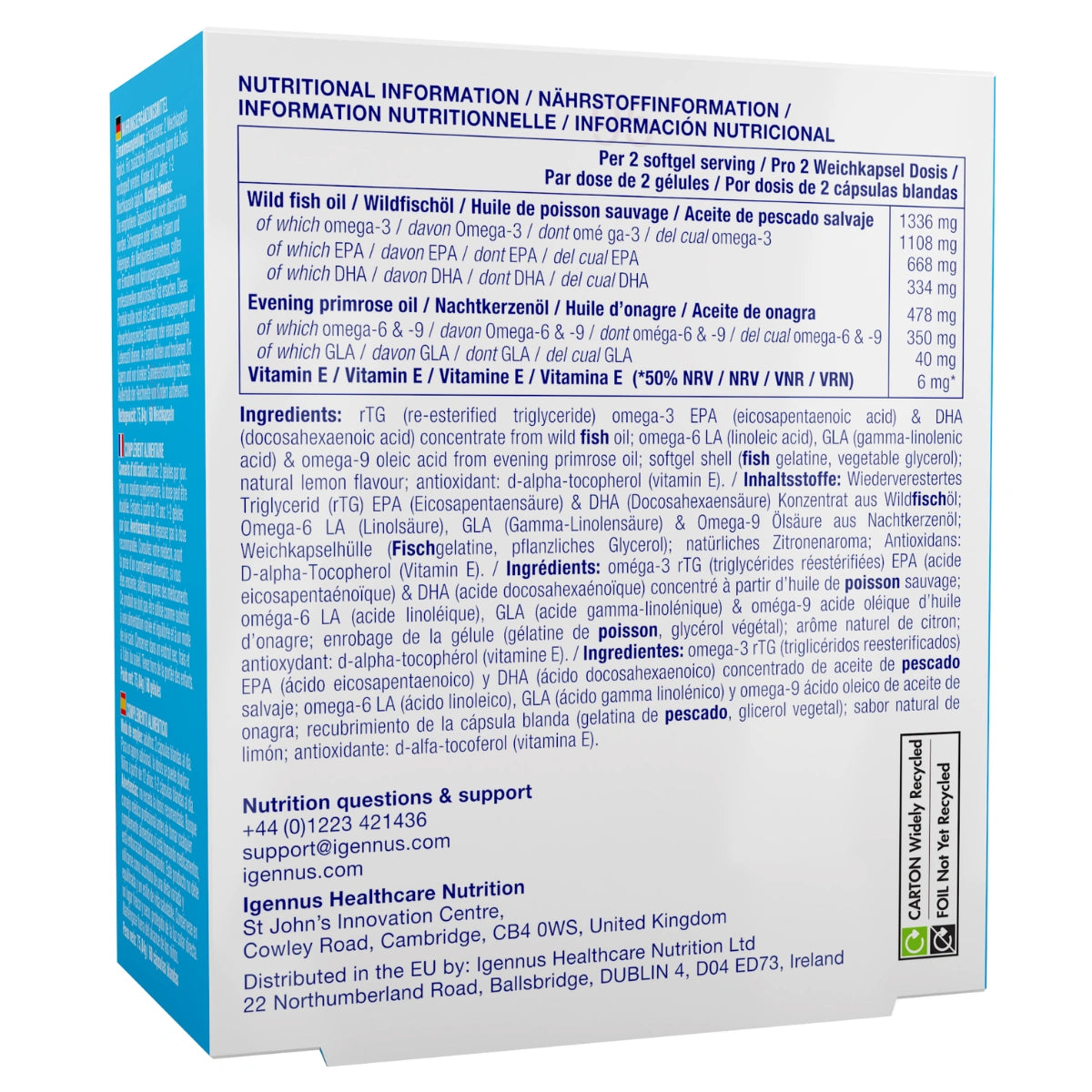 Nutritional information and ingredient list on a supplement package.