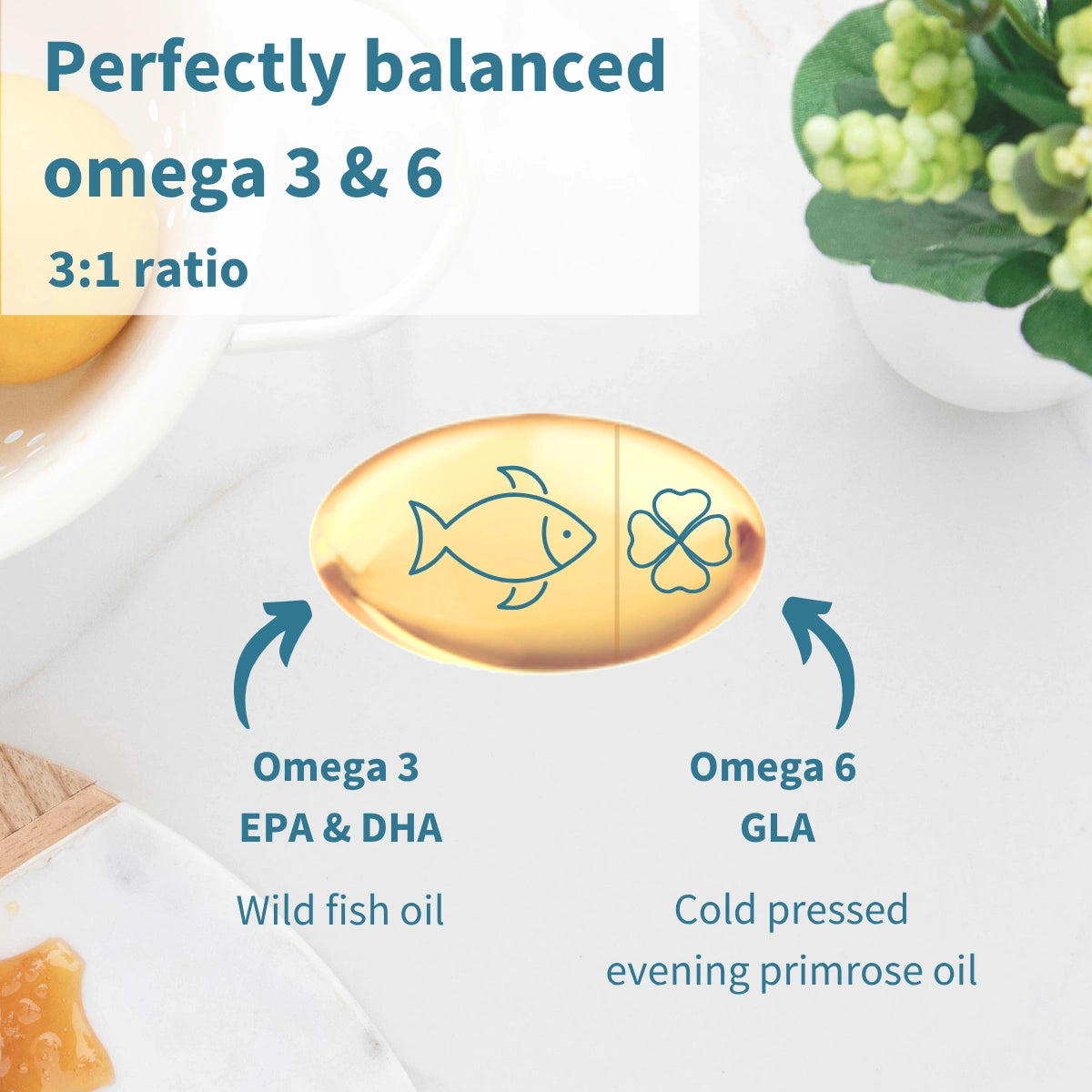 Illustration of a fish oil supplement with labels for omega 3 and omega 6, on a white background.