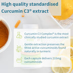 Curcumin C3 Complex supplement with turmeric powder, capsules, and lemon slices on a white background.