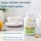 Bottle of Curcumin C3 Complex with text about super soluble curcumin and rapid uptake on a table with a cup and orange.