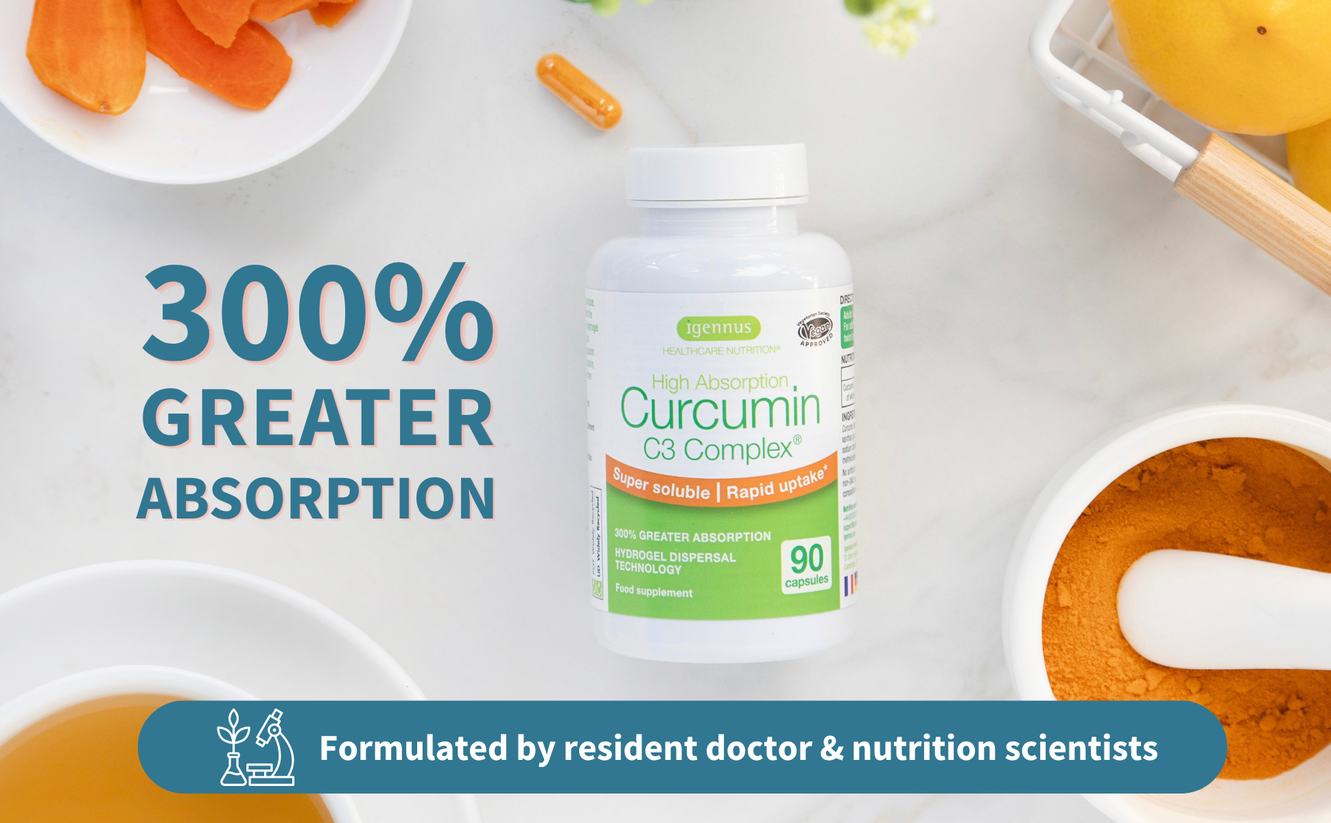 A white bottle of Curcumin C3 Complex dietary supplement centered on a light marble surface, surrounded by food props like sliced carrots, turmeric powder, and lemon. Large text reads '300% GREATER ABSORPTION'