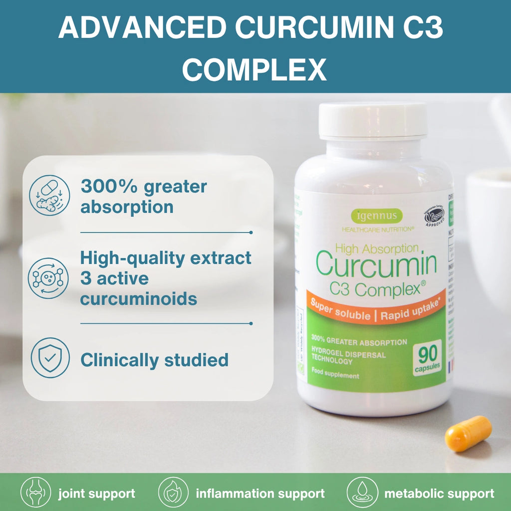 Curcumin C3 Complex supplement bottle with features listed on a white background