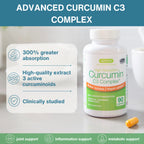 Curcumin C3 Complex supplement bottle with features listed on a white background