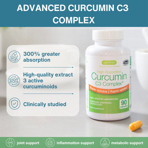 Curcumin C3 Complex supplement bottle with features listed on a white background