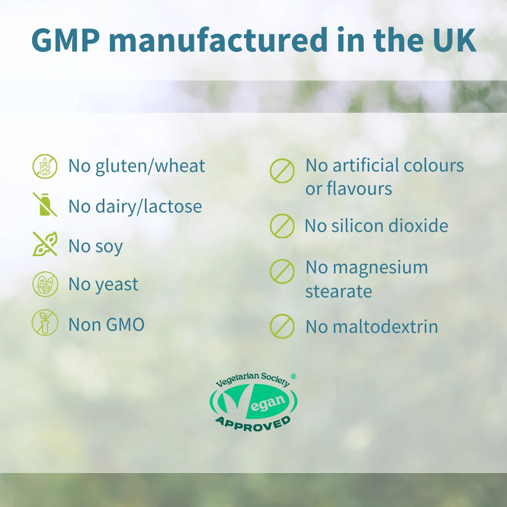 List of allergen-free and certification details on a blurred natural background