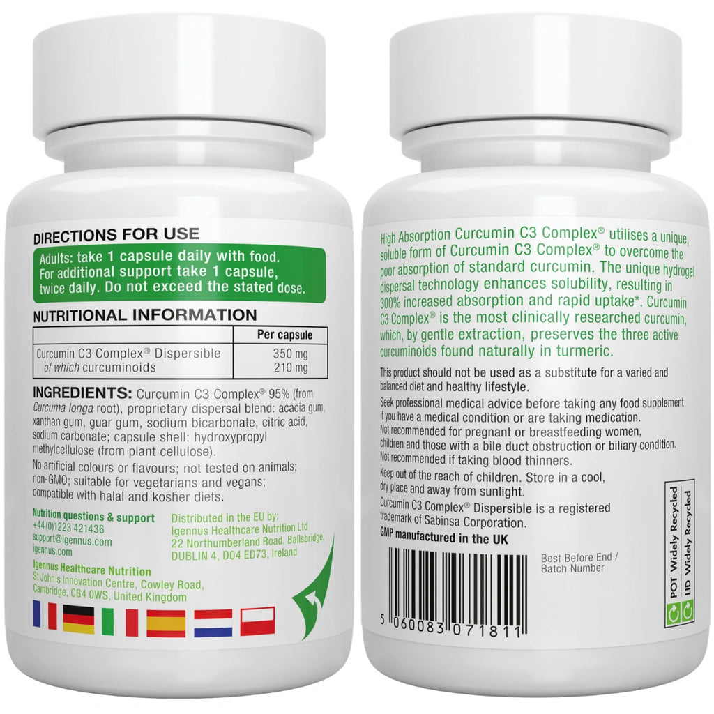 Two bottles of Curcumin C3 Complex with labels showing directions for use and nutritional information.