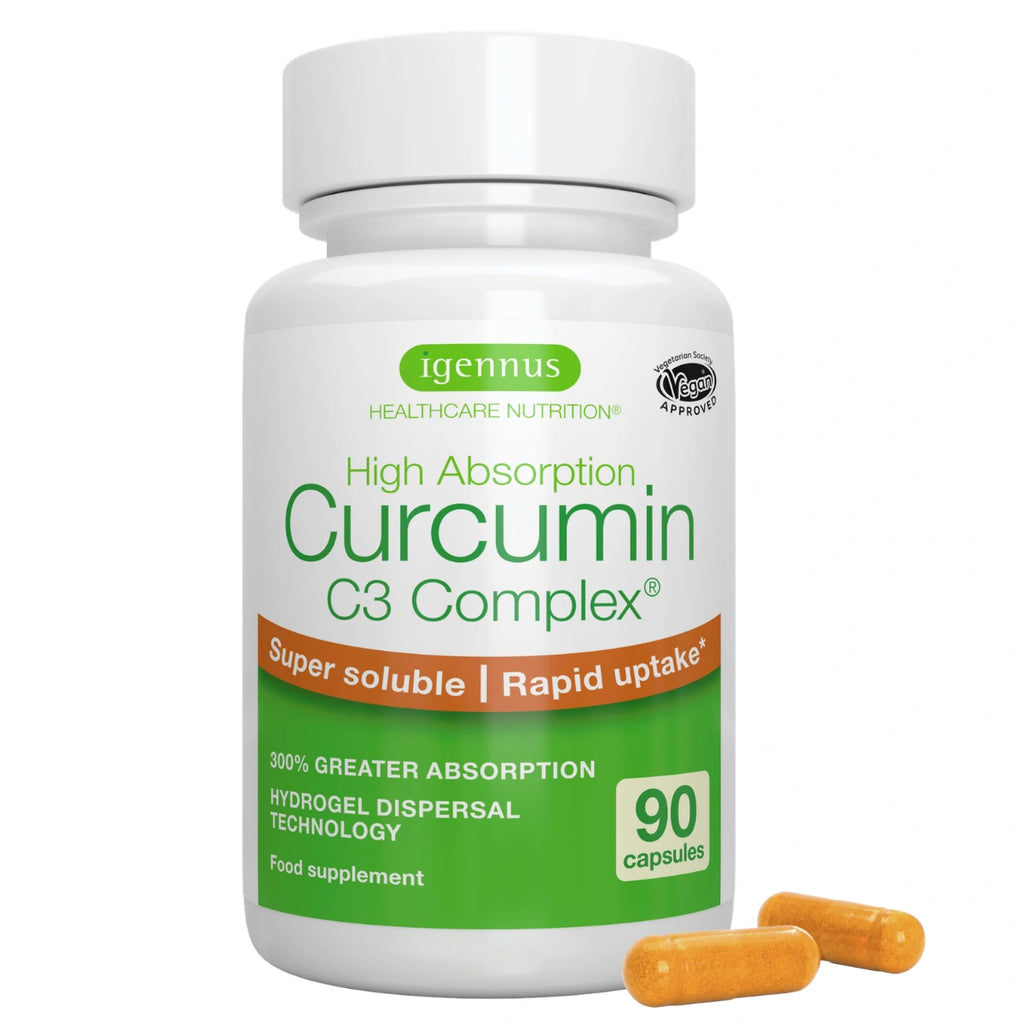 Supplement bottle labeled 'High Absorption Curcumin C3 Complex' with capsules on a white background