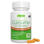 Supplement bottle labeled 'High Absorption Curcumin C3 Complex' with capsules on a white background