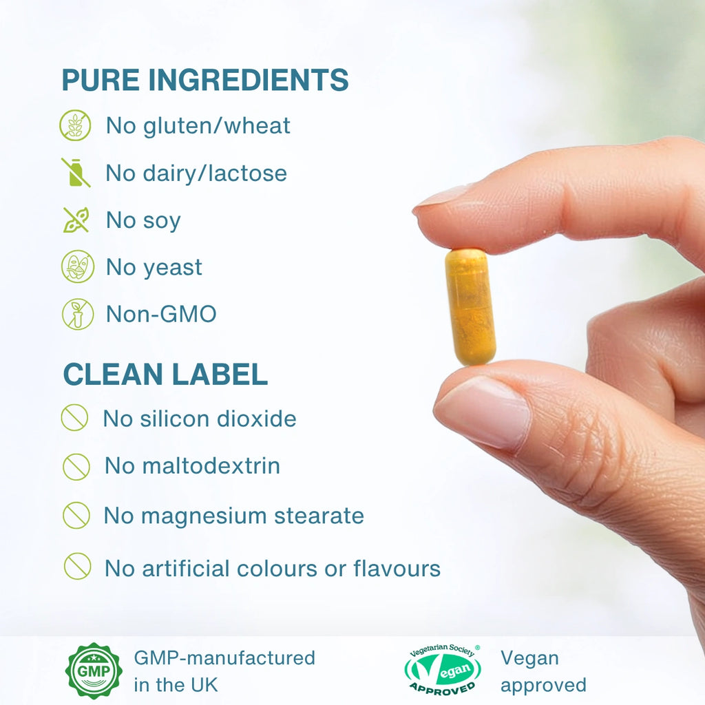 Hand holding a supplement capsule with purity and approval information on a white background
