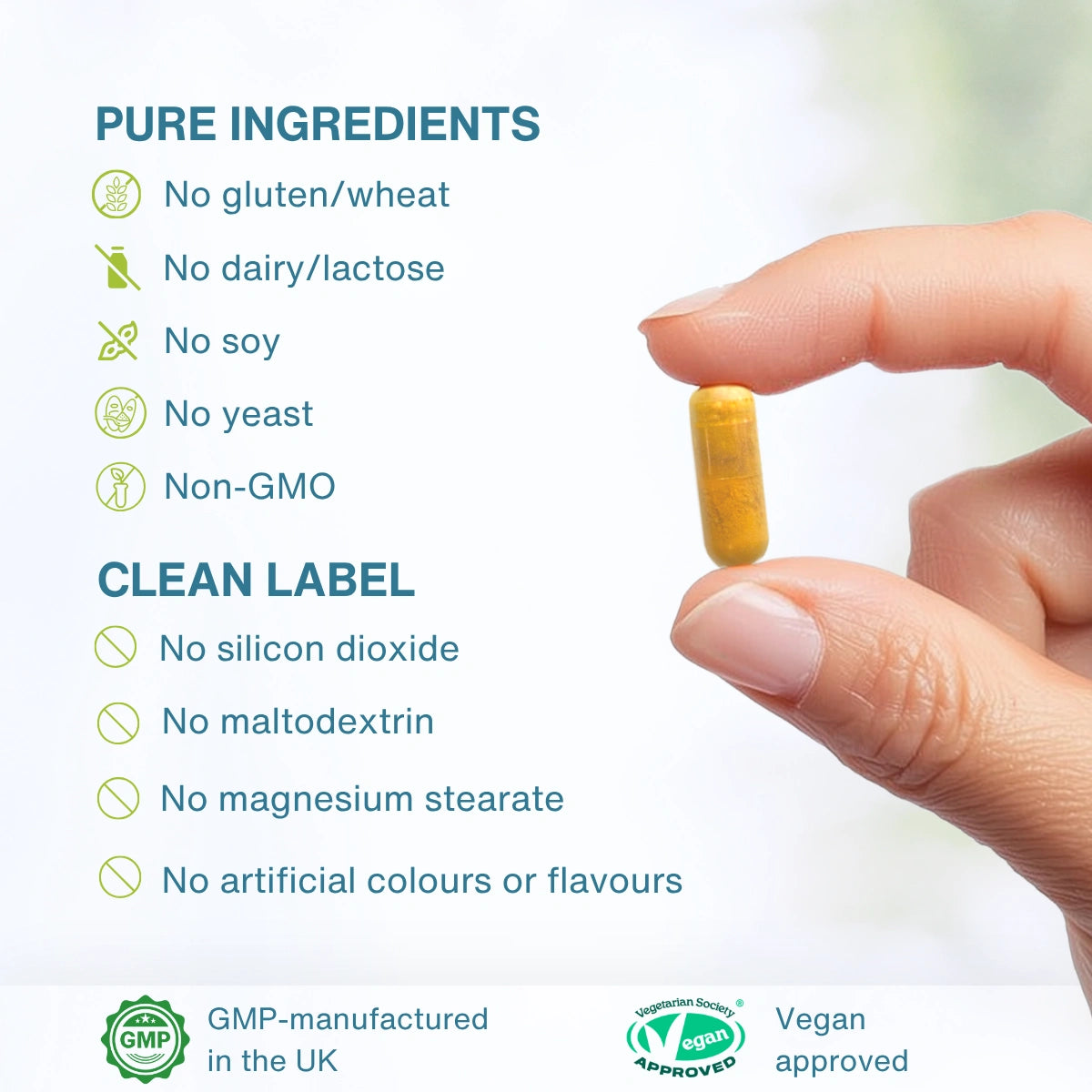 Hand holding a supplement capsule with purity and approval information on a white background