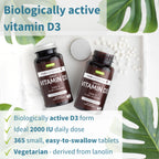 Two bottles of Daily Vitamin D3 with green leaves in the background