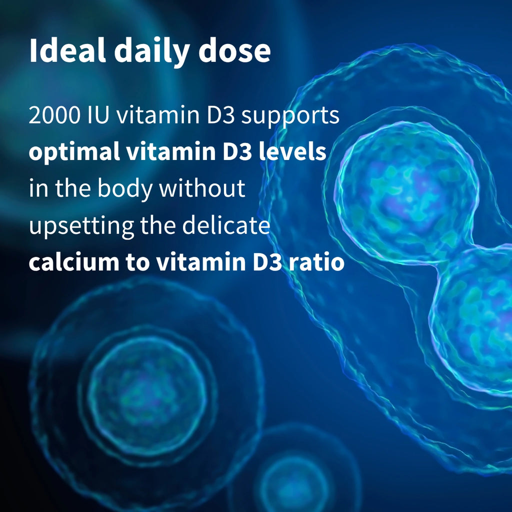 Vitamin D3 cells with text about ideal daily dose on a blue background