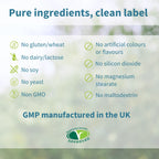List of pure ingredients and manufacturing details on a green background with a Vegetarian Society logo.