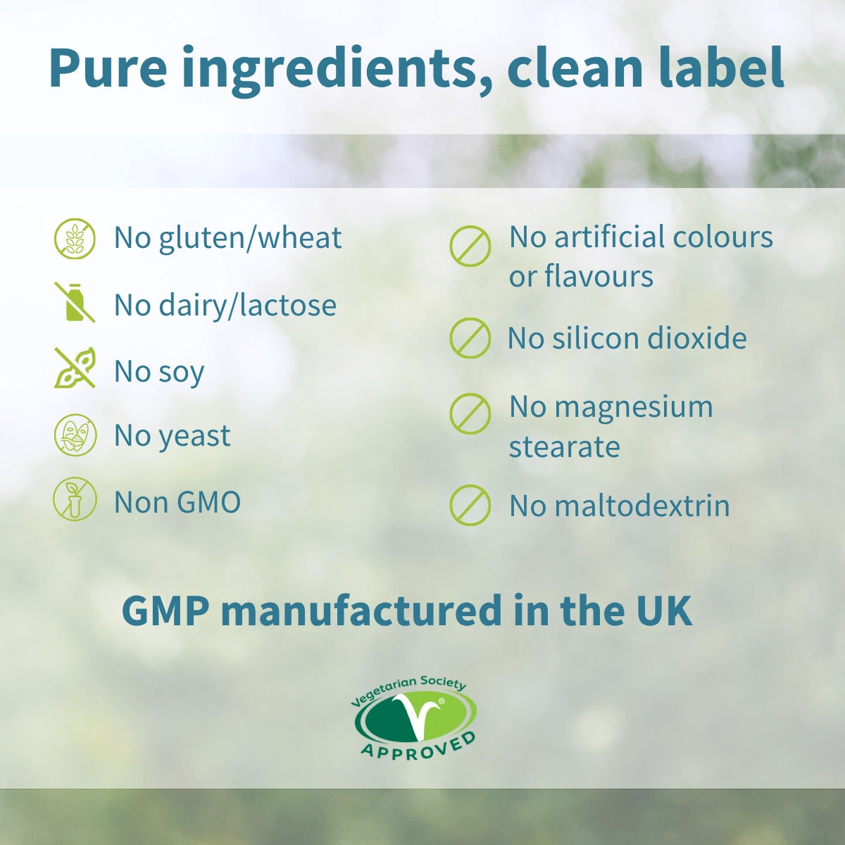 List of pure ingredients and manufacturing details on a green background with a Vegetarian Society logo.