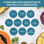 An infographic titled '10 ENZymes FOR CARBOHYDRATE, PROTEIN & FAT BREAKDOWN' on a white background with a teal header. Nine circular teal labels list enzyme names: Lipase, Protease 3.