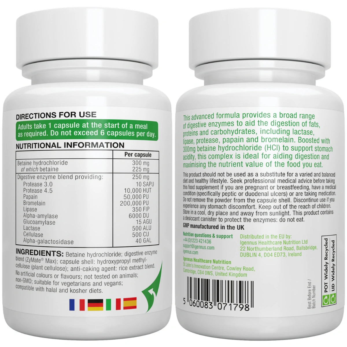 Two supplement bottles with labels showing directions for use and nutritional information.