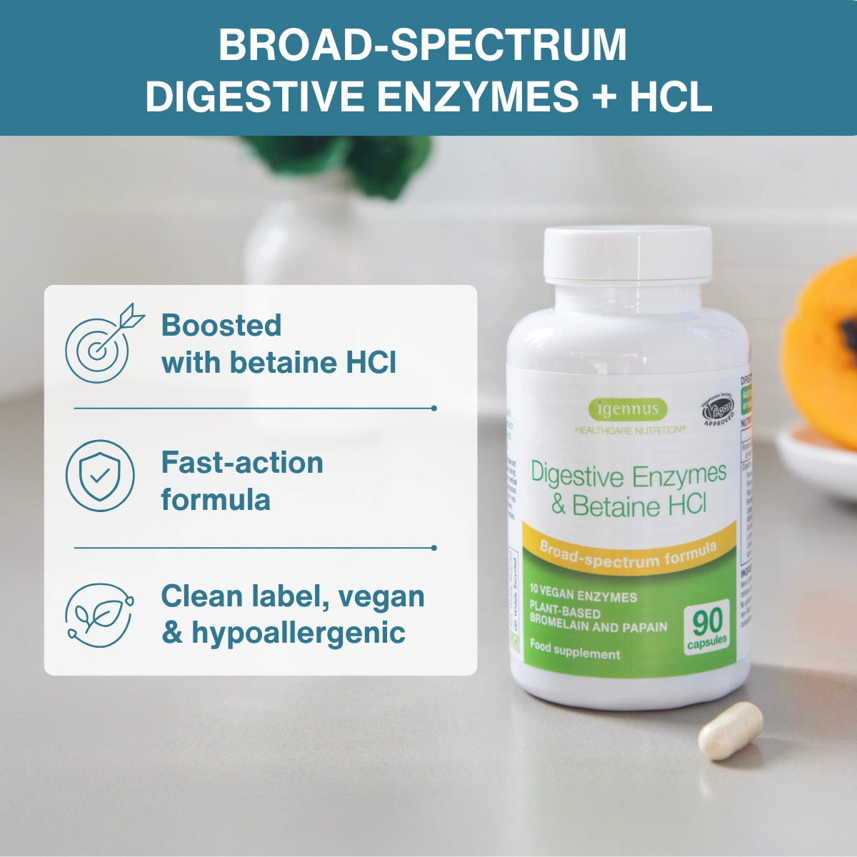 A bottle of Igenuus Digestive Enzymes & Betaine HCl dietary supplement shown on a light gray surface with a capsule beside it.