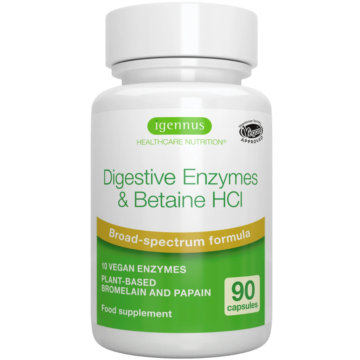 Igennus Digestive Enzymes & Betaine HCl supplement bottle on a white background