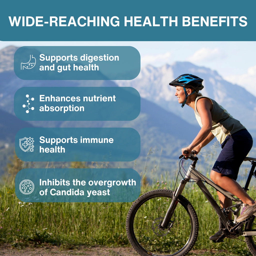 A cyclist rides a mountain bike outdoors with mountains in the background, next to text panels listing health benefits: supports digestion and gut health, enhances nutrient absorption, supports immune health, and inhibits Candida yeast overgrowth.