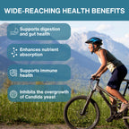 A cyclist rides a mountain bike outdoors with mountains in the background, next to text panels listing health benefits: supports digestion and gut health, enhances nutrient absorption, supports immune health, and inhibits Candida yeast overgrowth.