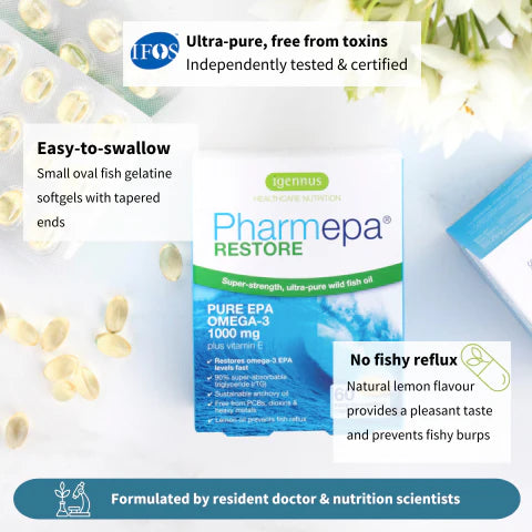Pharmepa Restore Omega-3 supplement packaging with fish oil capsules on a light background