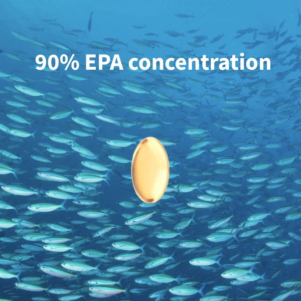 Gold supplement pill surrounded by small blue fish with '90% EPA concentration' text on a blue background