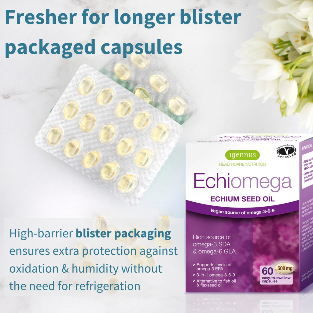 Echiomega Echinacea Seed Oil capsules and packaging on a marble surface with text about blister packaging.