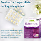 Echiomega Echinacea Seed Oil capsules and packaging on a marble surface with text about blister packaging.
