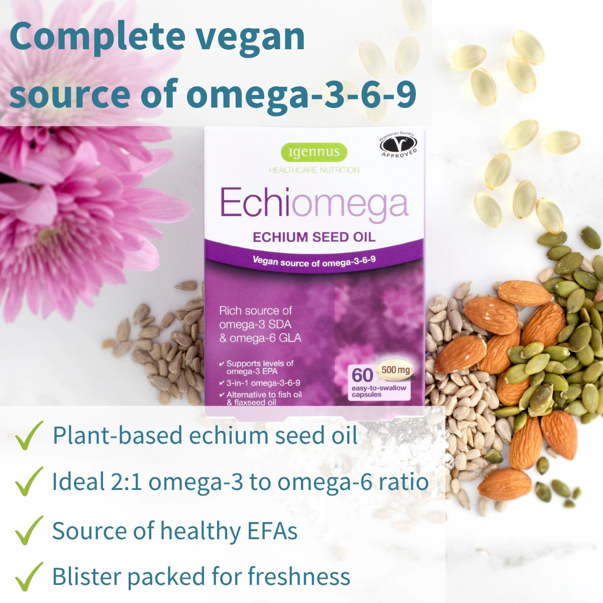 Echiomega echium seed oil packaging with ingredients and text on a white background