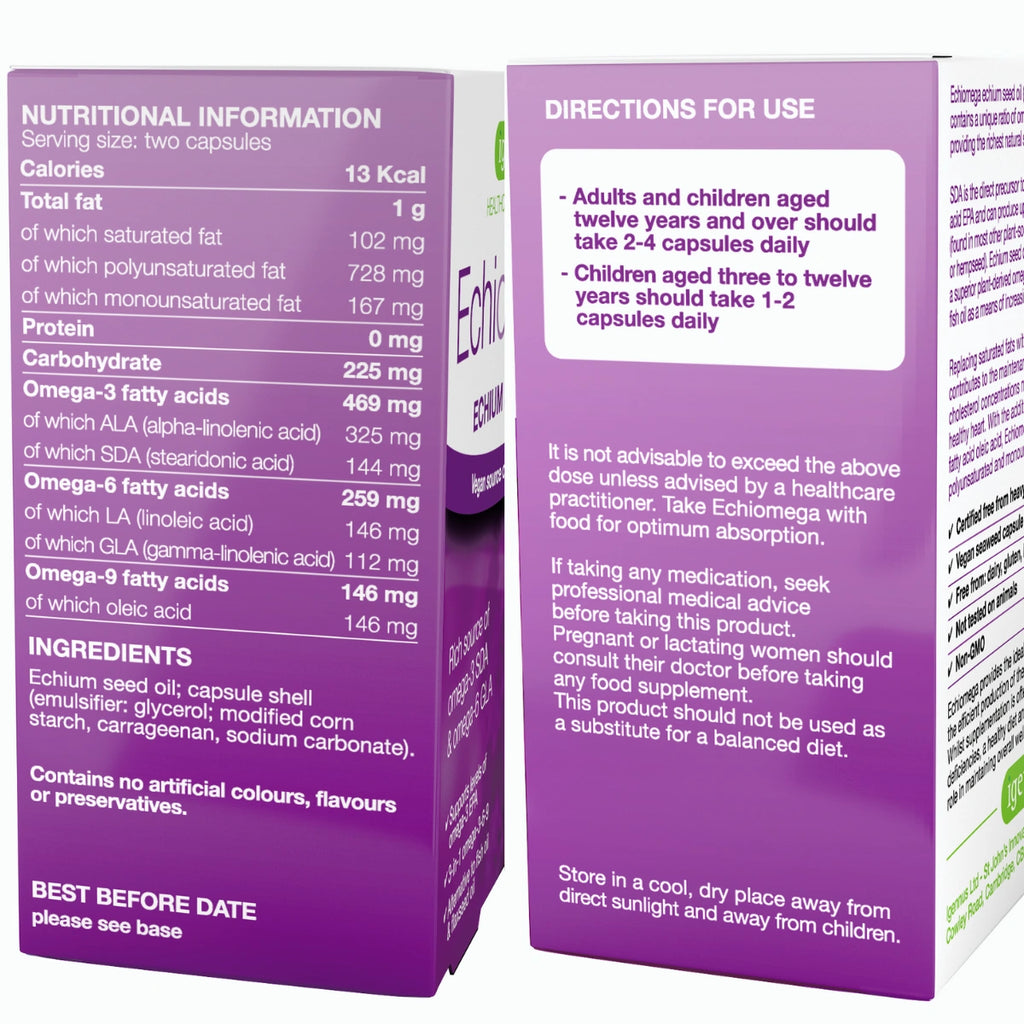 Purple supplement packaging with nutritional information and directions for use.