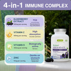 A supplement product listing for Behind Kids & Adults Elderberry Immune Gummies. The image features a white bottle of the gummies alongside a large, colorful infographic card detailing the four-in-1 immune benefits.