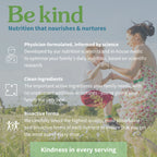 A promotional graphic for a family nutrition supplement, featuring a woman and child in a grassy outdoor setting. The left side contains green and blue text detailing product benefits such as 'Be kind: Nutrition that nourishes & nurtures', along with icons and descriptions.