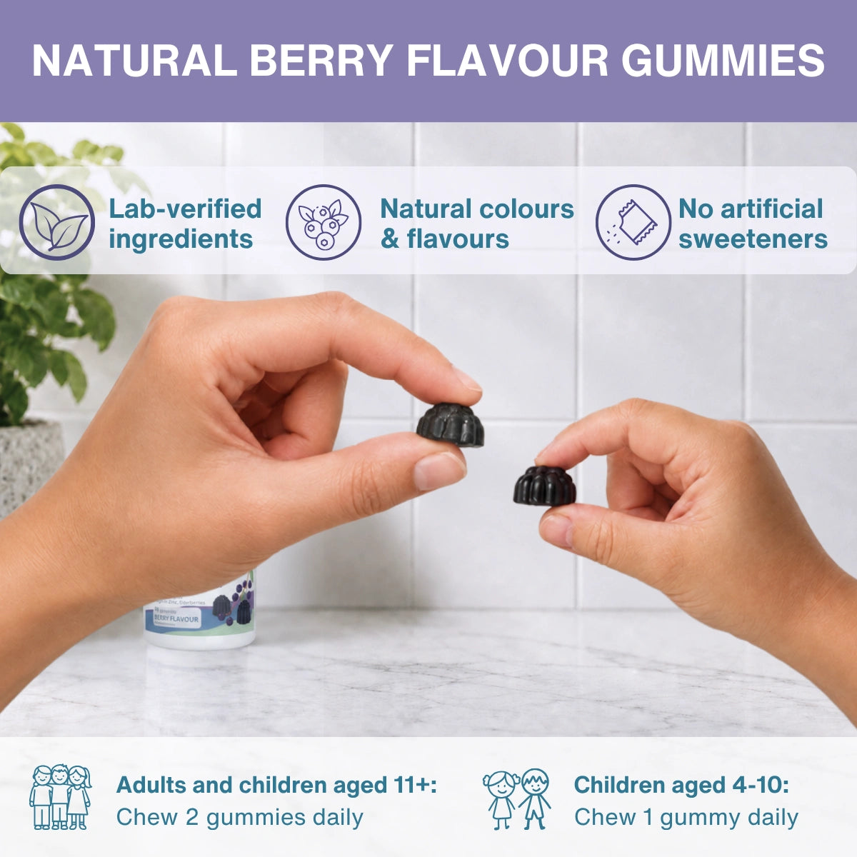 Two hands holding small dark berry-shaped gummies above a bottle labeled 'Natural Berry Flavour Gummies' on a kitchen counter, with text callouts about lab-verified ingredients, natural colors and flavours, and no artificial sweeteners.