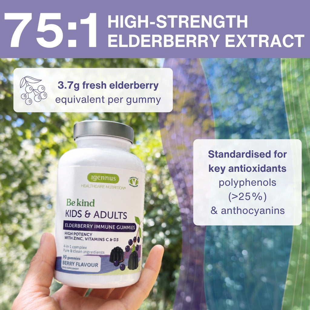 A hand holds a white bottle of Be kind Elderberry Immune Gummies against an outdoor blurred background of green leaves and purple flowers. The image features promotional text overlays highlighting '75:1 High-Strength Elderberry Extract' and product benefits.