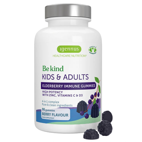 Igennus Be Kind Kids & Adults Elderberry Immune Gummies bottle on a white background