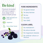 A product information graphic for a physician-formulated dietary supplement. The left side features the brand name 'Be kind' in green, accompanied by illustrations of dark purple berries and icons indicating GMP, vegetarian, and heavy metal testing.