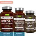 Three supplement bottles from Pure & Essential on a white background with promotional text.