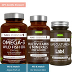 Three supplement bottles from Pure & Essential on a white background with promotional text.