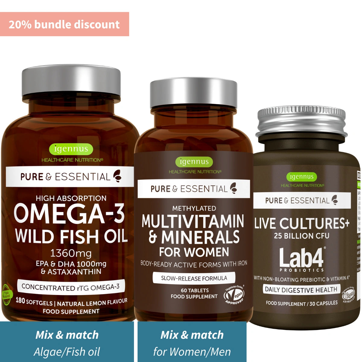 Three supplement bottles from Pure & Essential on a white background with promotional text.