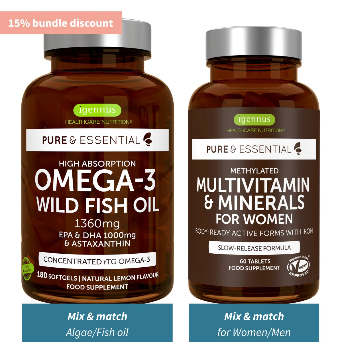 Two bottles of igennus health supplements on a white background