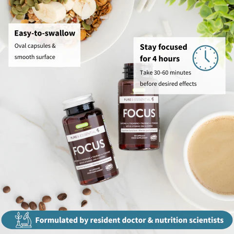 Two bottles of Pure Essence Focus supplements on a table with text about product features.