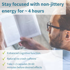 Person reading a book with text about enhanced cognitive function and caffeine-free energy supplement.