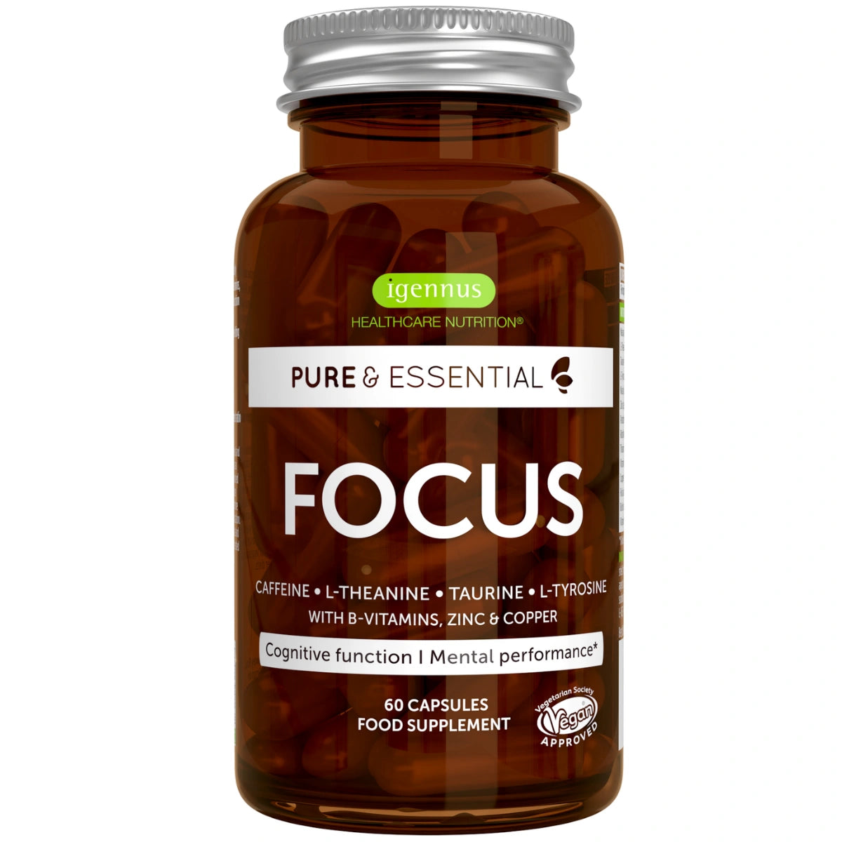 Supplement bottle labeled 'Focus' by igemius on a white background