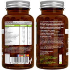 Two brown supplement bottles with labels on a white background