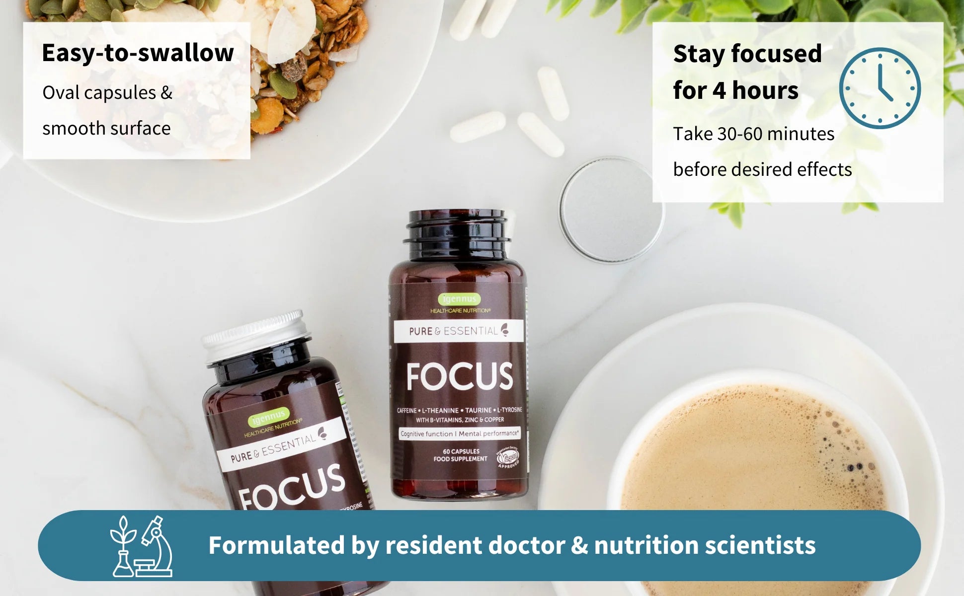 Supplement bottles labeled 'FOCUS' on a table with a cup of coffee and a plate of food.
