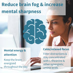 Woman using a laptop with text about reducing brain fog and increasing mental sharpness.