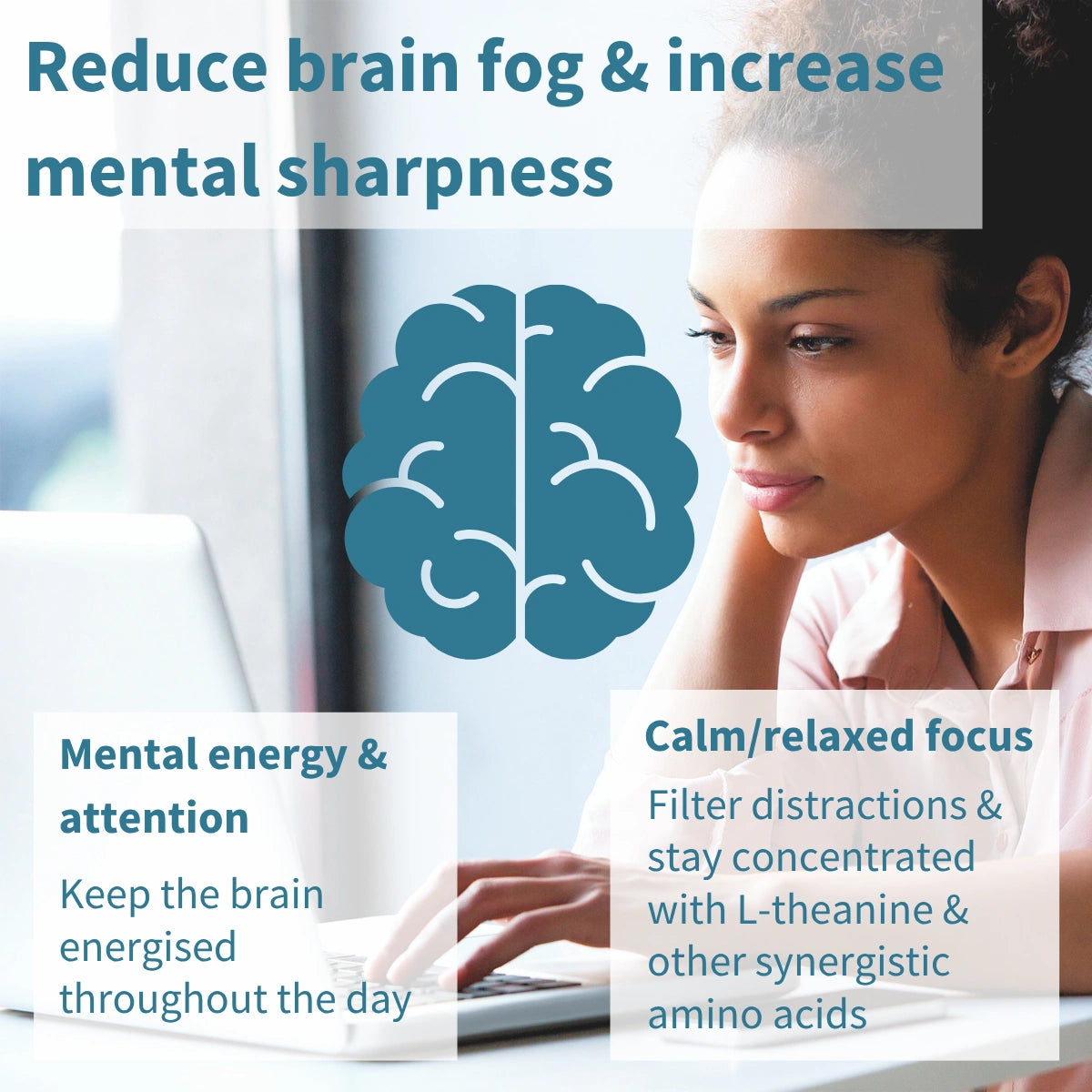 Woman using a laptop with text about reducing brain fog and increasing mental sharpness.