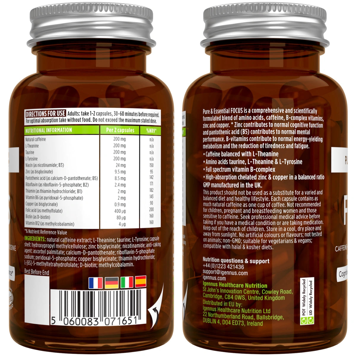 Focus - with Caffeine, Brain Boosting Amino Acids, B-vitamins, Zinc & Copper - 60 Capsules